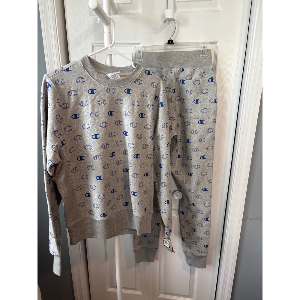 Champion Reverse Weave Gray Blue Logo Print Sweatshirt and Joggers Set Small